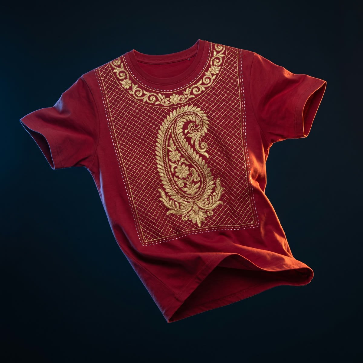 Kalga, One kalga, filled with floral scrollwork, on a jaal ground, on deep crimson cotton.