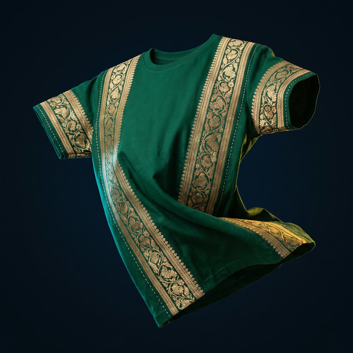 Bel, Continuous vine borders in gold zari, shoulder to hem, on emerald cotton.