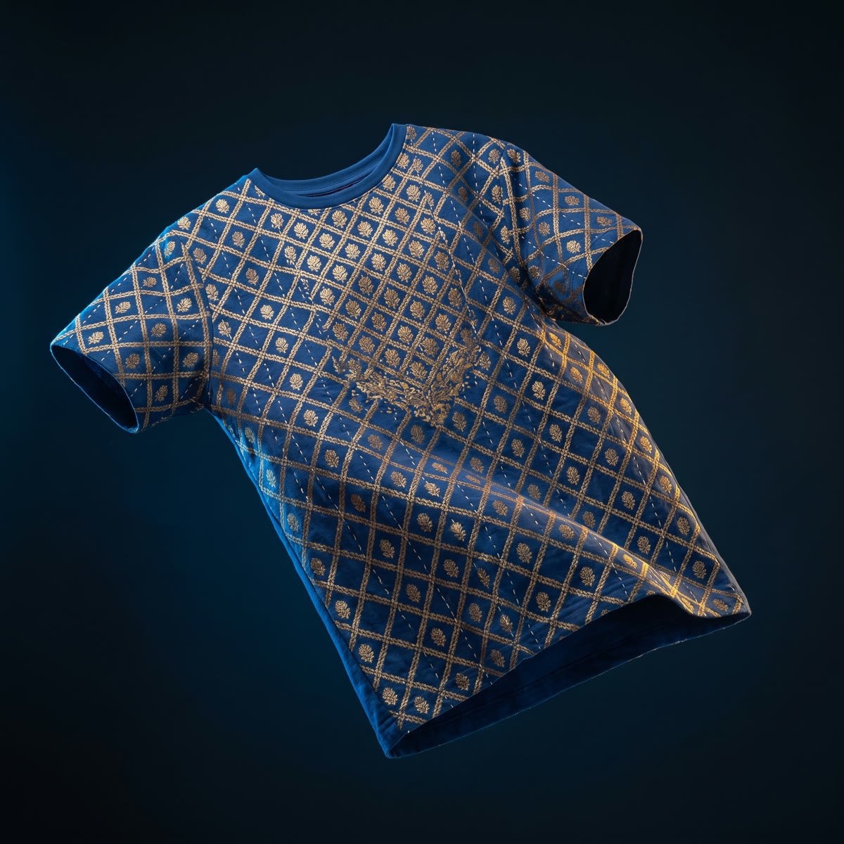 Jaal, All-over gold lattice, a flower at every crossing, on sapphire cotton.