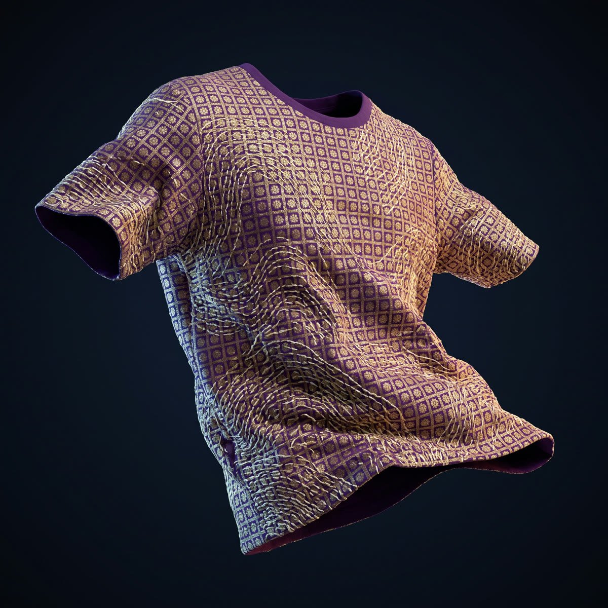 Kantha, Brocade grid under heavy ivory kantha running stitch, on imperial purple cotton.