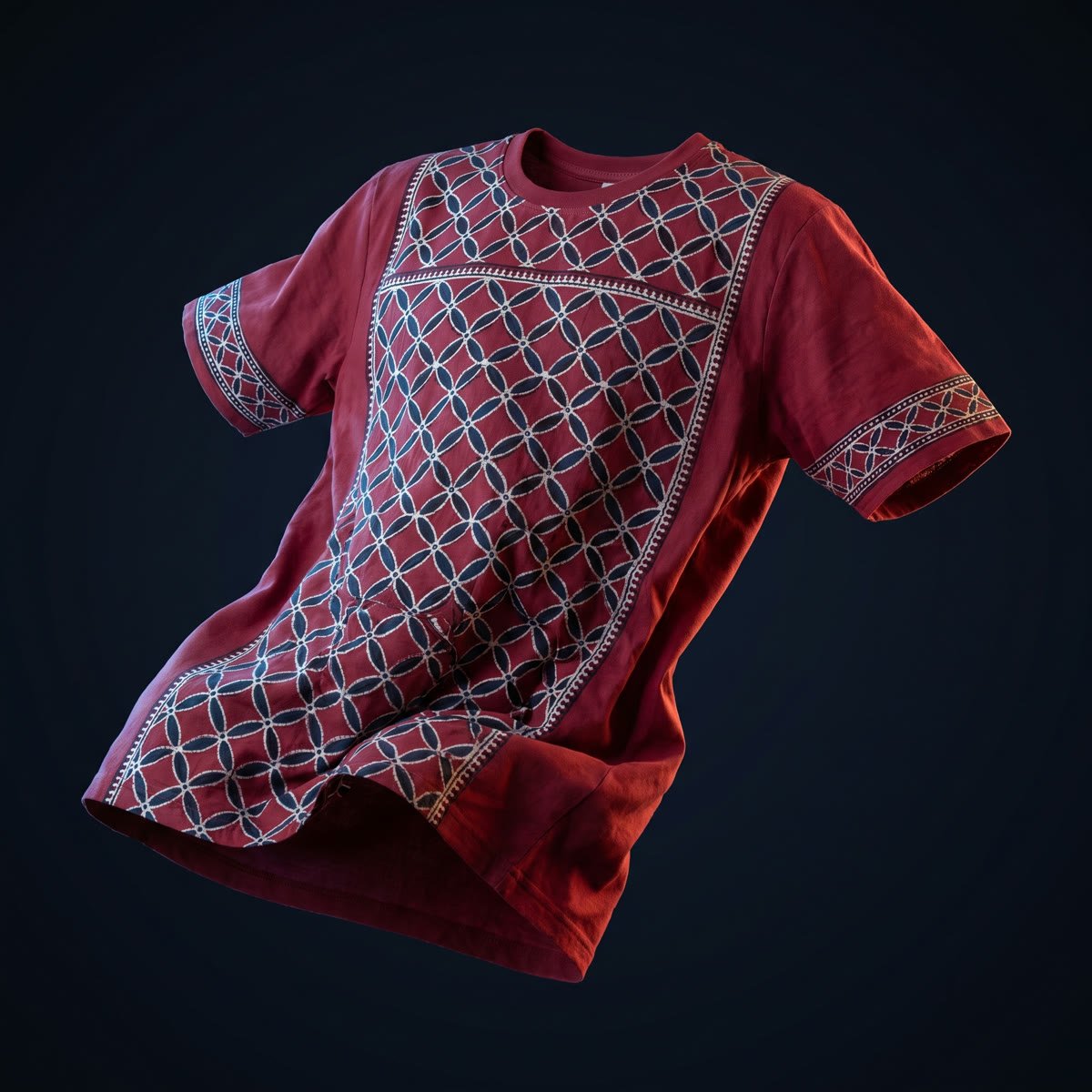 Jaali, Interlocking trellis, indigo and black on red, on madder ruby cotton, photographed in mid air.